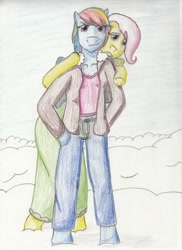 Size: 1266x1736 | Tagged: safe, artist:jimthecactus, derpibooru import, fluttershy, rainbow dash, anthro, pegasus, arm hooves, clothes, colored pencil drawing, dress, duo, female, height difference, hiding, hoof on hip, jacket, looking at you, mare, snow, tallershy, traditional art
