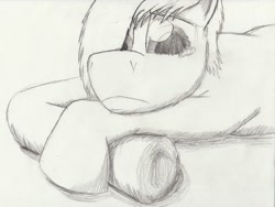 Size: 1620x1219 | Tagged: safe, artist:jimthecactus, derpibooru import, oc, oc only, earth pony, pony, crossed hooves, frown, grayscale, hair over one eye, lying down, monochrome, pencil drawing, prone, solo, teary eyes, traditional art