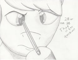 Size: 1778x1362 | Tagged: safe, artist:jimthecactus, derpibooru import, oc, oc only, earth pony, pony, close-up, grayscale, hoof hold, looking at something, magnetic hooves, monochrome, pencil, pencil drawing, solo, traditional art