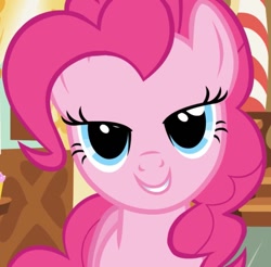 Size: 727x714 | Tagged: safe, derpibooru import, screencap, pinkie pie, earth pony, pony, applebuck season, season 1, cropped, female, grin, lidded eyes, looking at you, mare, out of context, smiling, solo, sugarcube corner