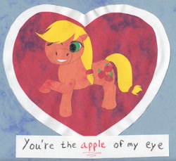 Size: 1357x1242 | Tagged: safe, artist:jimthecactus, derpibooru import, applejack, earth pony, pony, female, grin, hatless, holiday, mare, missing accessory, one eye closed, pun, smiling, solo, traditional art, valentine, valentine's day, wink