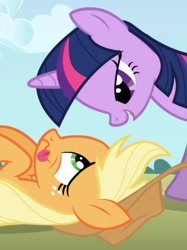 Size: 631x842 | Tagged: safe, derpibooru import, screencap, applejack, twilight sparkle, unicorn twilight, earth pony, pony, unicorn, applebuck season, season 1, cropped, exhausted, eye contact, lidded eyes, looking at each other, looking at someone, lying down, on back, out of context, smiling, tired