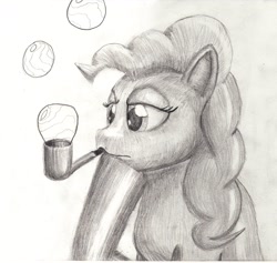 Size: 1439x1362 | Tagged: safe, artist:jimthecactus, derpibooru import, pinkie pie, earth pony, pony, bubble pipe, female, grayscale, hoof on chin, lidded eyes, mare, monochrome, mouth hold, pipe, solo, traditional art