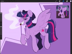 Size: 2732x2048 | Tagged: safe, artist:dejji_vuu, derpibooru import, twilight sparkle, twilight sparkle (alicorn), alicorn, pony, drug use, drugs, joint, marijuana, solo