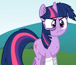 Size: 619x533 | Tagged: safe, derpibooru import, screencap, twilight sparkle, unicorn twilight, pony, unicorn, feeling pinkie keen, season 1, angry, bandage, cropped, exhausted, female, grumpy, grumpy twilight, happy, injured, mare, messy mane, solo