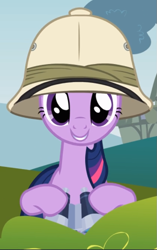 Size: 545x867 | Tagged: safe, derpibooru import, screencap, twilight sparkle, unicorn twilight, pony, unicorn, feeling pinkie keen, season 1, binoculars, cropped, cute, female, hat, looking at you, mare, pith helmet, smiling, solo, twiabetes