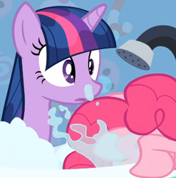 Size: 385x390 | Tagged: safe, derpibooru import, screencap, pinkie pie, twilight sparkle, unicorn twilight, earth pony, pony, unicorn, feeling pinkie keen, season 1, bath, bathtub, cropped, female, mare, out of context