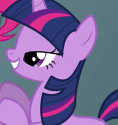 Size: 680x720 | Tagged: safe, derpibooru import, screencap, pinkie pie, twilight sparkle, unicorn twilight, earth pony, pony, unicorn, feeling pinkie keen, female, lidded eyes, mare, offscreen character, out of context, smiling, solo focus