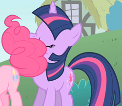 Size: 740x646 | Tagged: safe, derpibooru import, screencap, pinkie pie, twilight sparkle, unicorn twilight, earth pony, pony, unicorn, feeling pinkie keen, season 1, cropped, eyes closed, hat, nose wrinkle, offscreen character, out of context, solo focus, tail, tail on face, umbrella hat
