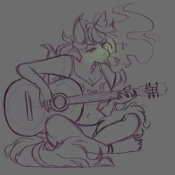 Size: 640x640 | Tagged: safe, artist:dejji_vuu, derpibooru import, oc, oc only, anthro, guitar, musical instrument, smoking, solo