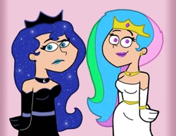 Size: 1134x878 | Tagged: safe, artist:cookie-lovey, derpibooru import, princess celestia, princess luna, human, 2012, bracelet, breasts, butch hartman style, clothes, dress, duo, duo female, ear piercing, earring, evening gloves, female, frown, gloves, humanized, jewelry, lipstick, long gloves, looking at you, necklace, piercing, pink background, princess balloona, princess breastia, royal sisters, siblings, simple background, sisters, smiling, smiling at you, style emulation, the fairly oddparents