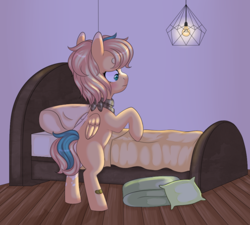 Size: 1000x900 | Tagged: safe, artist:veincchi, derpibooru import, oc, oc only, oc:sun light, pegasus, pony, bandana, bed, bedroom, blushing, coat markings, female, filly, foal, mare, pillow, solo