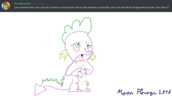Size: 1024x600 | Tagged: safe, artist:moon flower, artist:pony-berserker, derpibooru import, spike, oc, oc:berzie, anthro, arthropod, changedling, changeling, dragon, friendship is magic, 1000 hours in ms paint, 2018, bust, claws, clothes, dialogue, digital art, duo, english, equine, fangs, green eyes, green skin, hasbro, hat, helmet, horn, lidded eyes, lineart, male, male focus, ms paint, my little pony, open mouth, pointy tail, portrait, profile picture, purple skin, request art, sharp teeth, shitposting, signature, simple background, skin, solo focus, spikes, standing, tail, teeth, text, three-quarter view, tongue, tongue out, white background