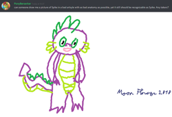 Size: 1024x700 | Tagged: safe, artist:moon flower, artist:pony-berserker, derpibooru import, spike, oc, oc:berzie, anthro, arthropod, changedling, changeling, dragon, friendship is magic, 1000 hours in ms paint, 2018, bust, claws, clothes, dialogue, digital art, duo, english, equine, front view, green skin, hasbro, hat, helmet, horn, lineart, male, male focus, ms paint, my little pony, open mouth, pointy tail, portrait, profile picture, purple skin, request art, shitposting, signature, simple background, skin, smiling, solo focus, spikes, standing, tail, text, three-quarter view, tongue, tongue out, white background