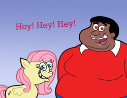 Size: 1016x787 | Tagged: safe, artist:cookie-lovey, derpibooru import, fluttershy, human, pegasus, pony, .mov, 2012, blue background, crossover, duo, duo male and female, fat albert and the cosby kids, female, fluttershed, looking at you, male, mare, open mouth, open smile, simple background, smiling, smiling at you, style emulation, talking, teeth, text, the fairly oddparents