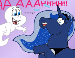 Size: 1016x787 | Tagged: safe, artist:cookie-lovey, derpibooru import, princess luna, alicorn, ghost, pony, undead, 2012, casper, casper the friendly ghost, crossover, duo, duo male and female, female, male, mare, nervous sweat, open mouth, open smile, purple background, raised hoof, raised leg, scared, screaming, simple background, smiling, style emulation, sweat, the fairly oddparents, waving