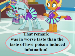 Size: 532x399 | Tagged: safe, derpibooru import, edit, edited screencap, screencap, ocellus, smolder, snips, 2 4 6 greaaat, angry, cheerleader, cheerleader ocellus, cheerleader outfit, cheerleader smolder, clothes, pun, reaction image, speech, speech bubble, talking