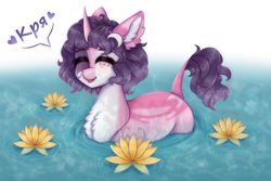 Size: 3000x2000 | Tagged: safe, derpibooru import, lotus blossom, oc, pony, unicorn, blushing, cute, draw your style, ear fluff, ears, embarrassed, fluffy, haircut, happy, happy face, heart, moon, pink body, purple hair, quack, siatika, simple background, solo, sparkles, water, white body