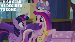 Size: 2000x1125 | Tagged: safe, derpibooru import, edit, edited screencap, editor:quoterific, screencap, princess cadance, princess flurry heart, twilight sparkle, twilight sparkle (alicorn), alicorn, dragon, pony, road to friendship, baby, baby pony, cute, flurry heart riding cadance, flurrybetes, grin, pony hat, smiling, stage