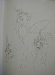 Size: 1280x1740 | Tagged: safe, artist:animalstamp, derpibooru import, queen chrysalis, changedling, changeling, comic, monochrome, purified chrysalis, sketch, solo, speech bubble, traditional art