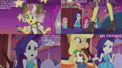 Size: 2000x1125 | Tagged: safe, derpibooru import, edit, edited screencap, editor:quoterific, screencap, applejack, blueberry cake, fluttershy, pinkie pie, rainbow dash, rarity, vignette valencia, better together, equestria girls, rollercoaster of friendship, humane five