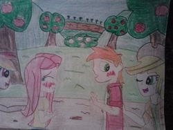 Size: 960x720 | Tagged: safe, artist:justaviewer94, derpibooru import, applejack, big macintosh, fluttershy, rainbow dash, human, apple, apple tree, blushing, embarrassed, female, fluttermac, humanized, male, shipper on deck, shipping, straight, traditional art, tree