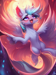 Size: 768x1024 | Tagged: safe, derpibooru import, generator:stable diffusion, machine learning generated, pegasus, ahegao, cutes, detailed background, heart, large wings, open mouth, tongue, tongue out, unknown character, wings