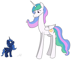 Size: 2552x2160 | Tagged: safe, artist:soccy, derpibooru import, princess celestia, princess luna, alicorn, pony, ethereal mane, height difference, looking at each other, looking at someone, looking up, royal sisters, siblings, simple background, sisters, size difference, smiling, tallestia, transparent background