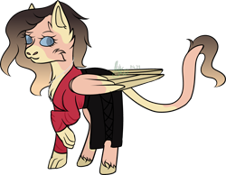 Size: 3847x2988 | Tagged: safe, artist:thecommandermiky, derpibooru import, oc, oc only, oc:reagan, hybrid, pegasus, pony, cheek fluff, chest fluff, clothes, female, hybrid oc, long tail, looking away, mare, paws, pegasus oc, red shirt, short hair, short mane, simple background, skirt, smiling, solo, spots, tail, transparent background, wings