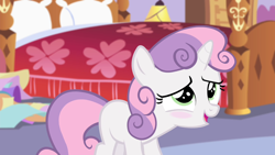 Size: 1280x720 | Tagged: safe, derpibooru import, screencap, sweetie belle, pony, unicorn, for whom the sweetie belle toils, bed, blushing, cute, diasweetes, female, filly, foal, solo