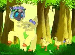 Size: 1328x967 | Tagged: safe, artist:iamsmileo, derpibooru import, oc, oc only, bird, duck, earth pony, pony, forest, onesie