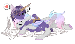 Size: 1612x962 | Tagged: safe, artist:kamokpushok, derpibooru import, oc, oc:dreamyway skies, oc:urania, bat pony, pony, unicorn, blanket, commission, horn, horn jewelry, jewelry, one eye closed, pillow, simple background, sleeping, smiling, snuggling, transparent background, wink, your character here