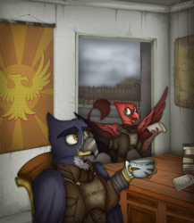 Size: 2000x2300 | Tagged: safe, artist:molars, derpibooru import, oc, griffon, fallout equestria, apoc, armor, banner, book, clothes, commission, cup, desk, detailed background, flag, green fur, griffon oc, holding, ncr, new canterlot republic, old, paper, poster, red fur, smiling, spread wings, teacup, uniform, wasteland, wings