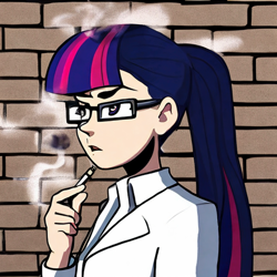 Size: 1024x1024 | Tagged: safe, artist:perfectblue97, derpibooru import, sci-twi, twilight sparkle, human, brick wall, cigarette, glasses, open mouth, smoking