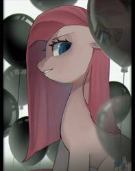 Size: 1700x2160 | Tagged: safe, artist:hosikawa, derpibooru import, pinkie pie, earth pony, pony, balloon, female, looking at you, mare, pinkamena diane pie, signature, smiling, smirk, solo