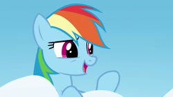 Size: 2560x1440 | Tagged: safe, derpibooru import, screencap, rainbow dash, pegasus, top bolt, cloud, female, mare, sky, solo