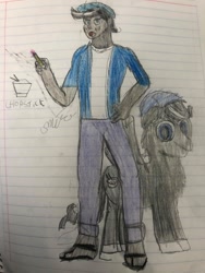 Size: 720x960 | Tagged: safe, derpibooru import, oc, oc:chopsticks, human, pony, hat, lined paper, male, pencil, pencil drawing, self paradox, self ponidox, sketch, solo, stallion, traditional art