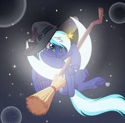 Size: 2408x2360 | Tagged: safe, artist:kim0508, derpibooru import, oc, oc:moonlight drop, pegasus, broom, commission, cute, hanging, hat, moon, solo, witch hat, ych result