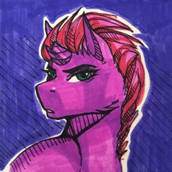 Size: 604x604 | Tagged: safe, artist:chiffir, derpibooru import, tempest shadow, my little pony: the movie, broken horn, head turn, horn, looking at you, purple background, simple background, traditional art