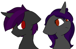 Size: 783x508 | Tagged: safe, artist:starstrucksocks, derpibooru import, oc, oc only, pony, unicorn, duo, eyes open, female, gray coat, horn, looking at each other, looking at someone, male, mare, red eyes, rule 63, simple background, stallion, white background