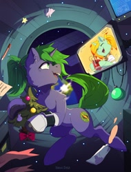 Size: 1280x1688 | Tagged: safe, artist:hakkids2, derpibooru import, oc, oc only, unicorn, christmas, christmas ball, christmas tree, display, drink, earth, eyes closed, female, floating, holiday, horn, paint, pen, planet, screen, smiling, space, space station, tree, unicorn oc, zero gravity