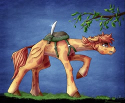 Size: 1389x1142 | Tagged: safe, artist:thatonegib, derpibooru import, oc, oc only, giraffe, backpack, knife, long neck, looking up, solo, tree branch