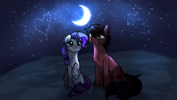 Size: 1600x900 | Tagged: safe, artist:sunniesfunthecupcake, derpibooru import, rarity, oc, pony, black mane, black tail, chest fluff, cutie mark, date, heart, looking at the sky, moon, night, purple mane, purple tail, red coat, sitting, smiling, stars, tail, white coat