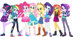 Size: 1471x742 | Tagged: safe, derpibooru import, applejack, fluttershy, pinkie pie, rainbow dash, rarity, sci-twi, starlight glimmer, sunset shimmer, twilight sparkle, equestria girls, equestria girls series, barrette, beanie, belt, boots, bowtie, clothes, converse, cowboy hat, crossed arms, cutie mark on clothes, denim, denim skirt, eyeshadow, flirting, fluttershy boho dress, frilly design, geode of empathy, geode of fauna, geode of shielding, geode of sugar bombs, geode of super speed, geode of super strength, geode of telekinesis, hairband, hat, high heels, humane eight, humane five, humane seven, humane six, jeans, jewelry, looking at you, magical geodes, makeup, necklace, open-toed shoes, pants, pantyhose, pendant, polo shirt, ponytail, pose, rah rah skirt, rarity peplum dress, ripped jeans, ripped pants, shirt, shoes, shoulderless shirt, skirt, sleeveless, sleeveless tank top, smiling, smiling at you, sneakers, socks, stetson, sweatpants, tanktop, torn clothes