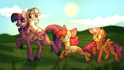 Size: 1600x900 | Tagged: safe, artist:sunniesfunthecupcake, derpibooru import, apple bloom, scootaloo, sweetie belle, earth pony, pegasus, pony, unicorn, amber eyes, bow, cutie mark, cutie mark crusaders, day, eye clipping through hair, female, filly, foal, grass, grass field, green eyes, hair bow, happy, jumping, looking at each other, looking at someone, mare, multicolored mane, multicolored tail, open mouth, pink mane, pink tail, ponies riding ponies, purple eyes, purple mane, purple tail, red mane, red tail, riding, smiling, spread wings, sun, tail, trotting, wings