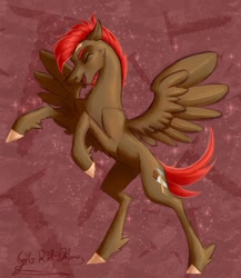 Size: 945x1091 | Tagged: safe, artist:thatonegib, derpibooru import, oc, oc only, pegasus, bipedal, commission, open mouth, raised hoof, raised leg, smiling, solo, spread wings, wings, ych result