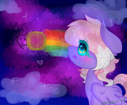 Size: 979x816 | Tagged: safe, artist:magicangelstarartist, derpibooru import, oc, oc only, pegasus, pony, female, mare, multicolored hair, nyan cat, simple background, solo