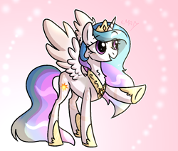 Size: 1058x900 | Tagged: safe, artist:sunniesfunthecupcake, derpibooru import, princess celestia, alicorn, pony, chest fluff, cutie mark, eyebrows, eyebrows visible through hair, freckles, hoof shoes, jewelry, magenta eyes, multicolored mane, multicolored tail, raised leg, regalia, simple background, smiling, solo, sparks, spread wings, standing, tail, wings