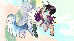 Size: 1600x900 | Tagged: safe, artist:sunniesfunthecupcake, derpibooru import, oc, draconequus, hybrid, pegasus, black mane, chest fluff, colored wings, flying, horns, interspecies offspring, offspring, parent:discord, parent:fluttershy, parents:discoshy, purple mane, purple wings, solo, two toned mane, two toned wings, white wings, wings