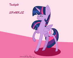 Size: 975x774 | Tagged: safe, artist:sunniesfunthecupcake, derpibooru import, twilight sparkle, twilight sparkle (alicorn), alicorn, pony, cutie mark, one eye closed, purple coat, purple eyes, purple mane, raised hoof, raised leg, simple background, solo, standing